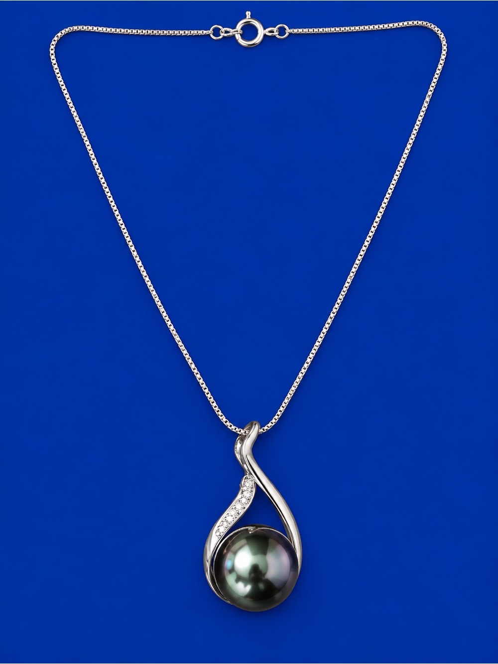 Silver Pendant Necklace with Tahitian Pearl and Crystal Accents